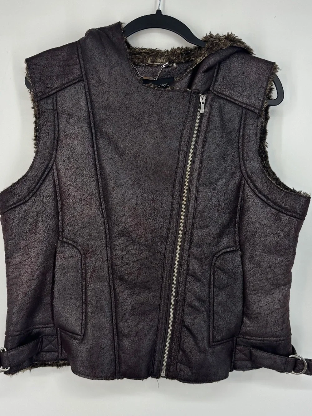 Black Rivet Womens XL Zip Front Hooded Moto Vest Brown Faux Leather Fur Trim